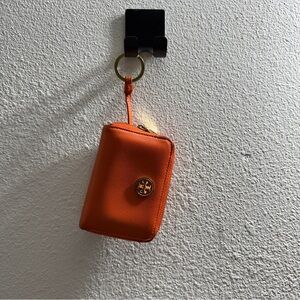 Tory Burch Orangish Red Leather Keychain Small Wallet